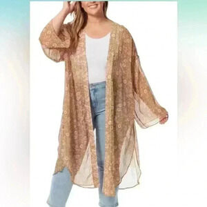 Jessica Simpson Green Pink Floral Sheer Duster Cardigan Womens Size Large Boho